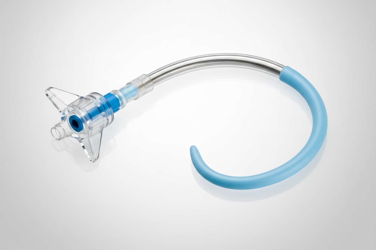 TEMPO AQUA Diagnostic Catheter on white gradient background showing pre-shaped tip curve and flush port hub