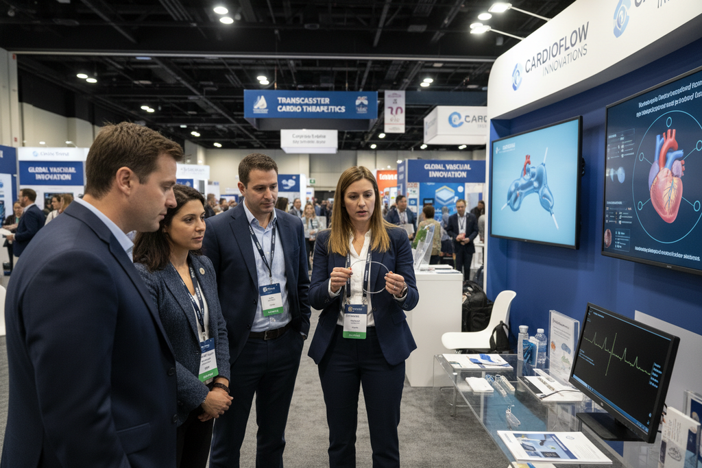 Device representative demonstrating TEMPO AQUA catheter flexibility and torque to physician attendees at cardiology conference trade show