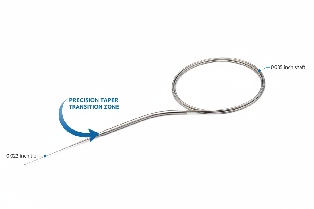 JINDO Tapered Peripheral Guidewire studio shot with callout arrow highlighting taper zone and diameter labels 0.022 inch tip and 0.035 inch shaft