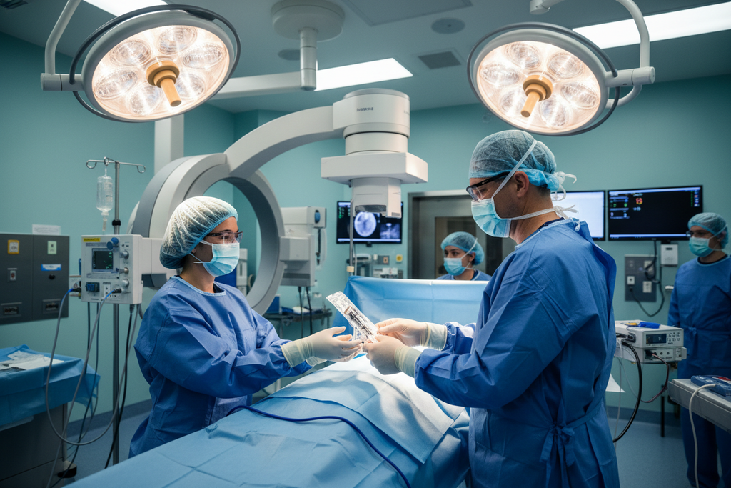 MYNX CONTROL Vascular Closure Device — Scrub technician handing device to interventionalist at draped procedure table in vascular hybrid OR suite with fluoroscopy equipment