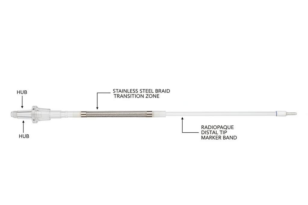 VISTA BRITE TIP Guiding Catheter studio shot with hub, braid transition zone, and radiopaque distal tip labeled on white background