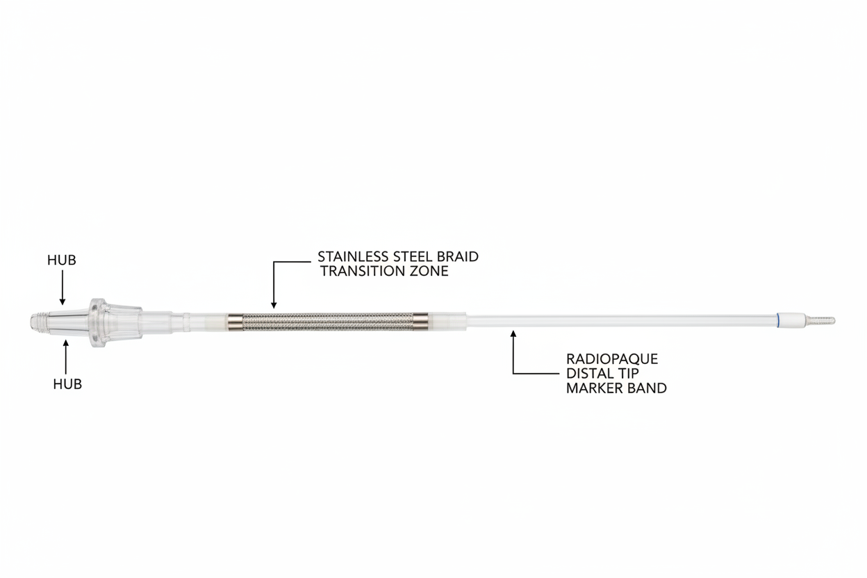 VISTA BRITE TIP Guiding Catheter studio shot with hub, braid transition zone, and radiopaque distal tip labeled on white background
