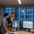 Interventional cardiologist and clinical specialist reviewing complex peripheral case on dual-monitor setup