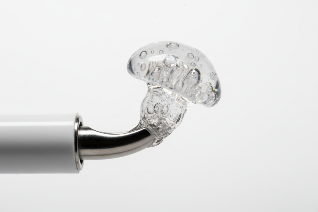 Macro close-up of PEG hydrogel sealant plug exiting MYNX CONTROL device tip and expanding at contact