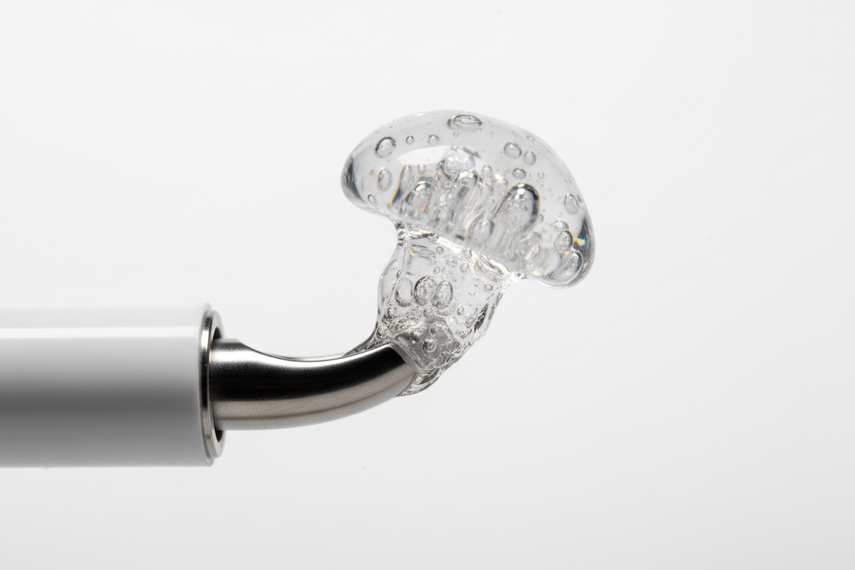 Macro close-up of PEG hydrogel sealant plug exiting MYNX CONTROL device tip and expanding at contact