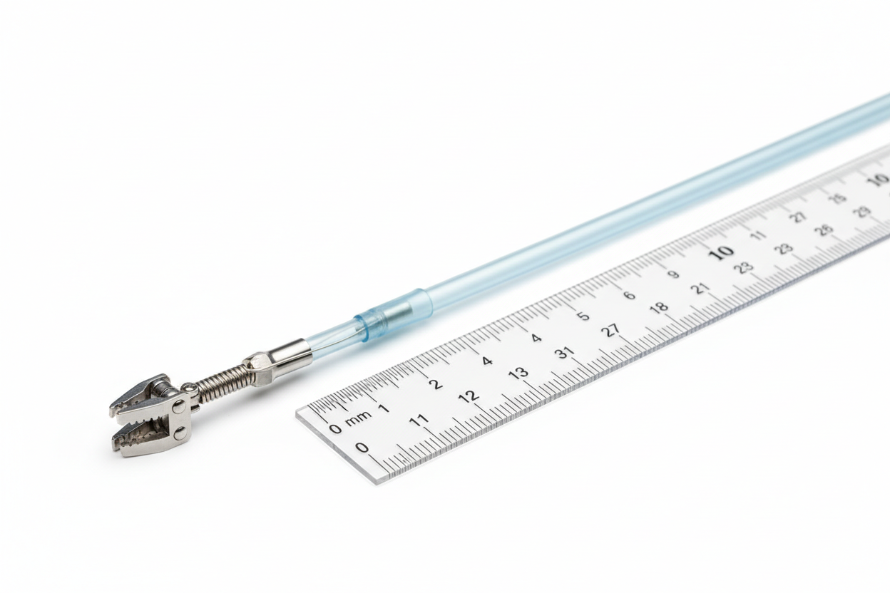FRONTRUNNER XP CTO Catheter studio shot showing spring-loaded jaw mechanism at distal tip with scale reference