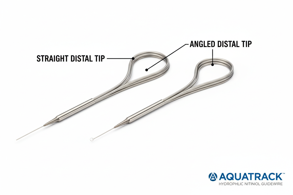 AQUATRACK Hydrophilic Nitinol Guidewire showing straight and angled distal tip configurations side by side with labels on white background