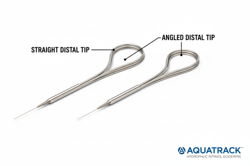 AQUATRACK Hydrophilic Nitinol Guidewire showing straight and angled distal tip configurations side by side with labels on white background