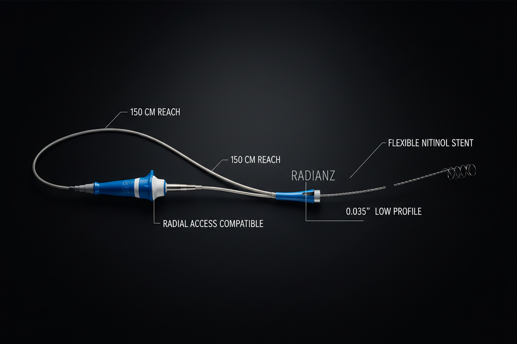 Radianz Radial Peripheral System hero studio shot on charcoal background showing delivery catheter and stent with dimensional callouts
