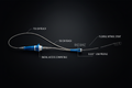 Radianz Radial Peripheral System hero studio shot on charcoal background showing delivery catheter and stent with dimensional callouts