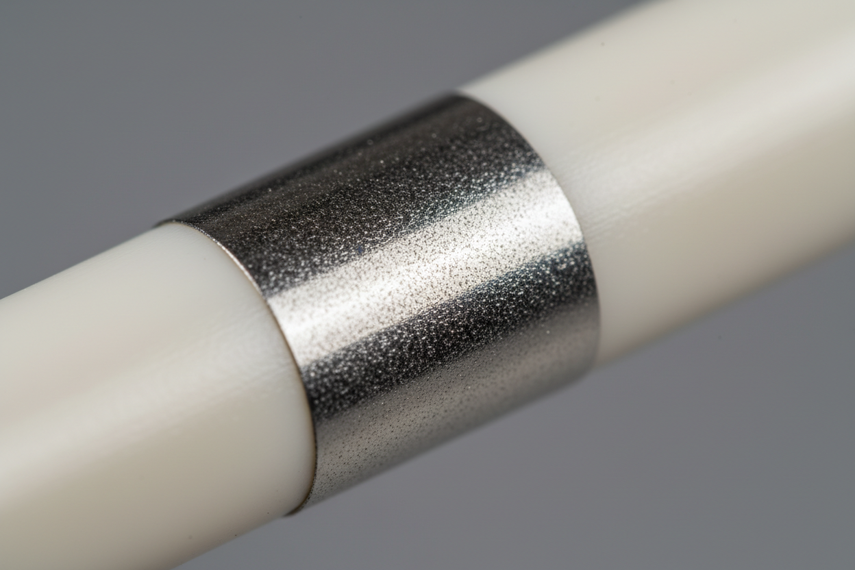 Macro photograph of radiopaque marker band at distal tip of VISTA BRITE TIP guiding catheter showing high-density ring construction
