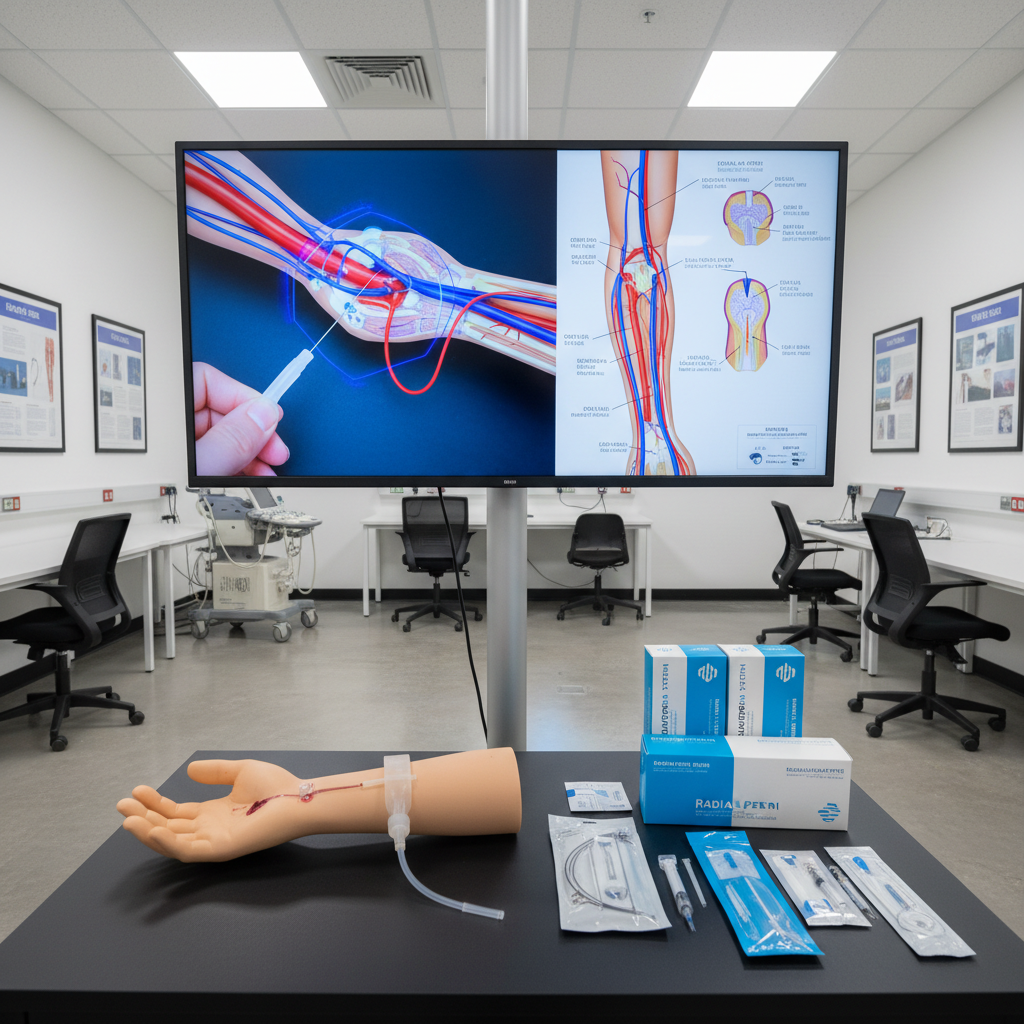 Clinical training setup with radial artery access technique video and practice arm model